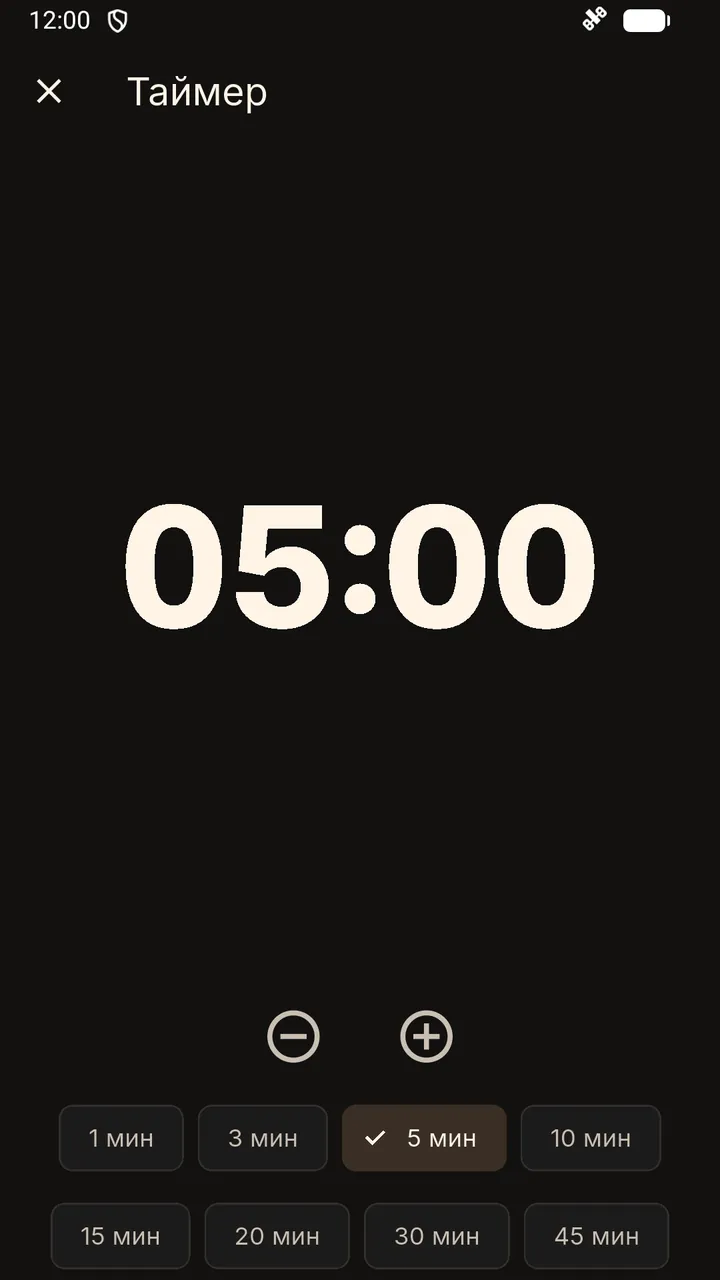 Экран «Таймер»: крупно 05:00, кнопки − и +, быстрый выбор 1, 3, 5, 10, 15, 20, 30 и 45 минут